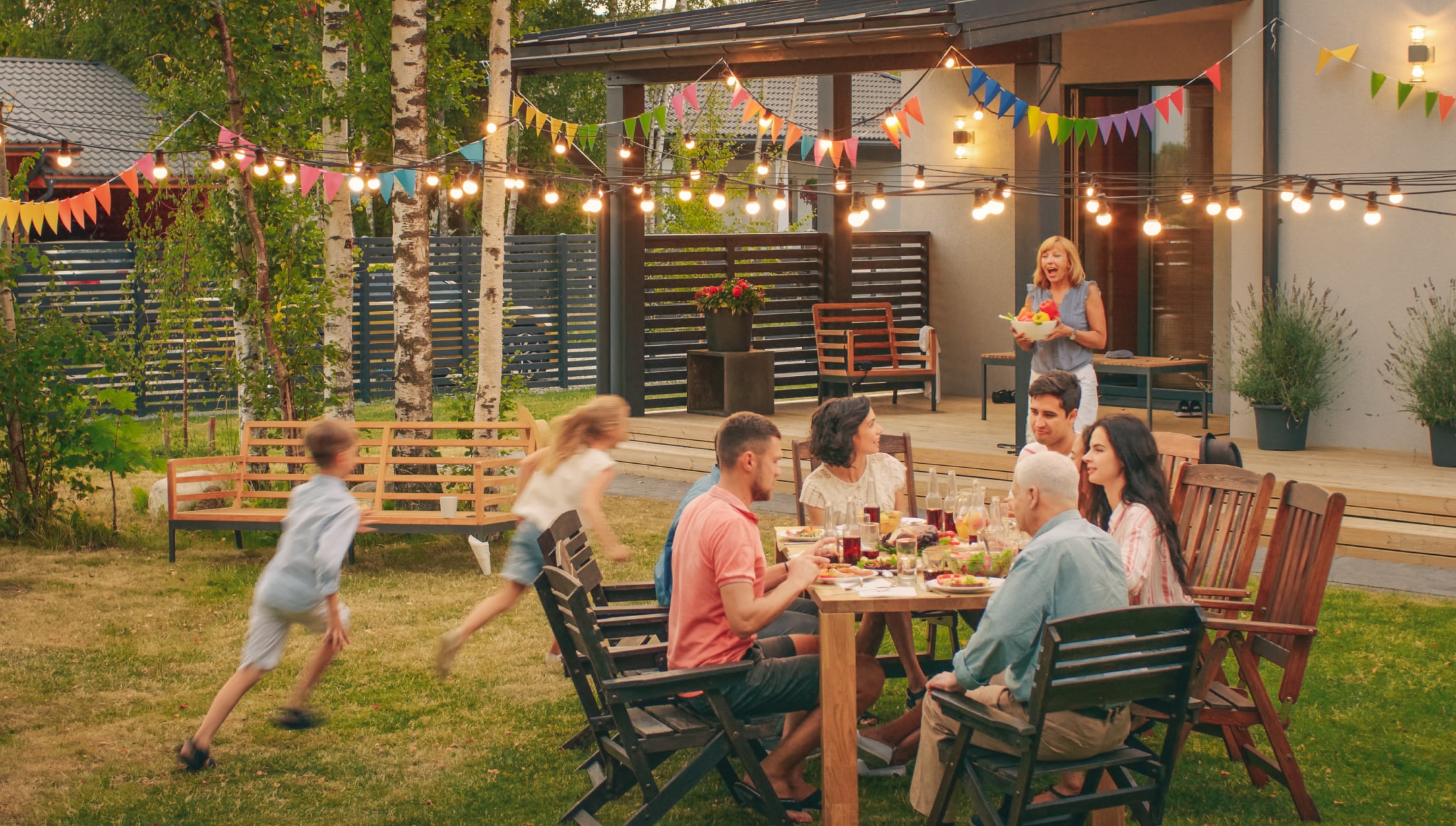 family having a backyard picnic